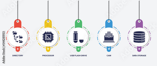 infographic element template with computer functions filled icons such as directory, processor, usb flash drive, cam, data storage vector.