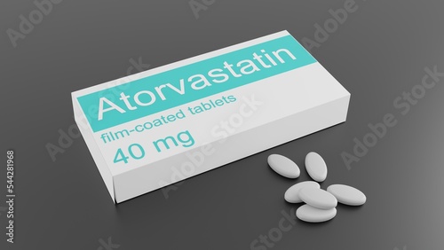 Atorvastatin statin medication used to prevent cardiovascular disease in those at high risk and to treat abnormal lipid levels. 3d illustration