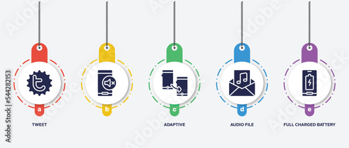 infographic element template with mobile phones filled icons such as tweet, , adaptive, audio file, full charged battery vector.