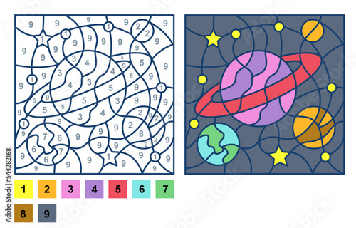 Vector coloring page, Puzzle game, Color by number galaxy space and planets