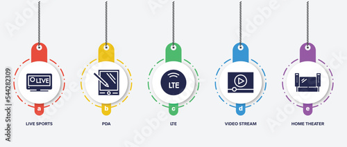 infographic element template with television filled icons such as live sports, pda, lte, video stream, home theater vector.