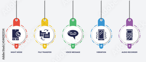 infographic element template with news filled icons such as night mode, file transfer, voice message, vibration, audio recorder vector.