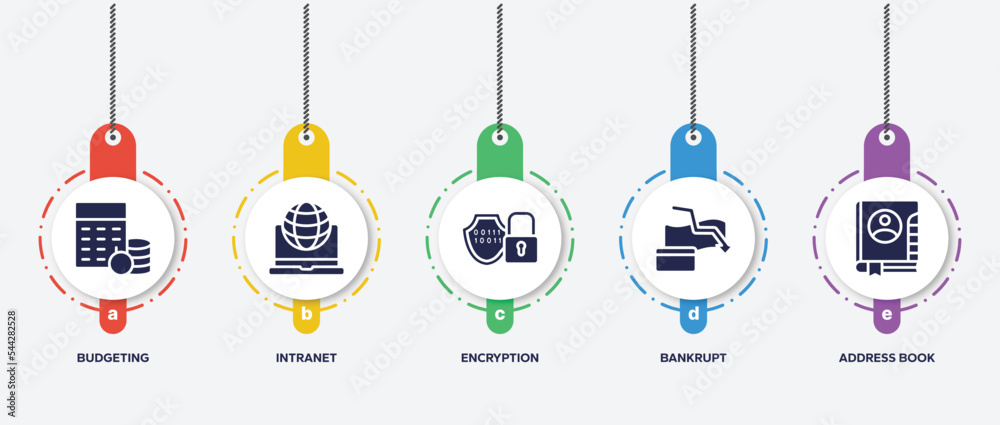 infographic element template with business management filled icons such as budgeting, intranet, encryption, bankrupt, address book vector. infographic element template with business management filled icons such as budgeting, intranet, encryption, bankrupt, address book vector.