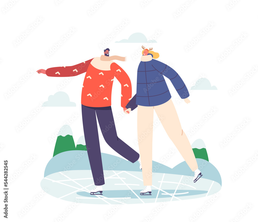 Couple Christmas Holidays Spare Time Amusement. Happy People Performing Outdoor Leisure Activities at Winter Park Couple Christmas Holidays Spare Time Amusement. Happy People Performing Outdoor Leisure Activities at Winter Park