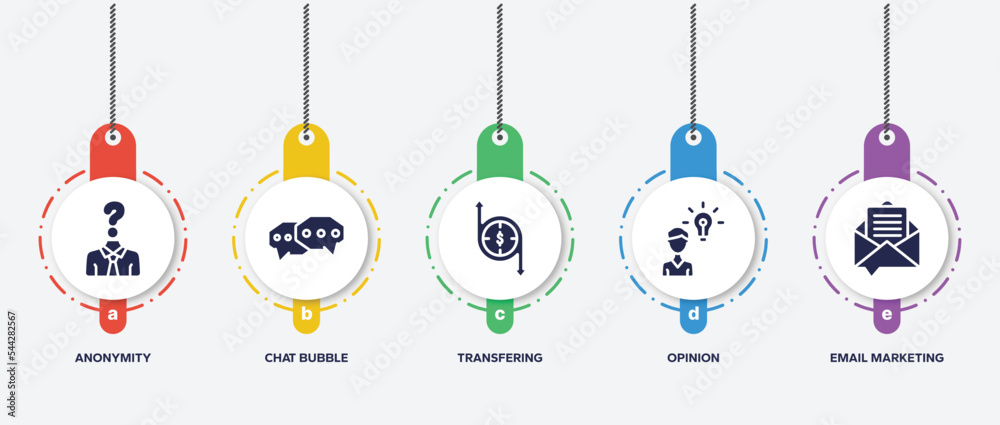 infographic element template with business management filled icons such as anonymity, chat bubble, transfering, opinion, email marketing vector. infographic element template with business management filled icons such as anonymity, chat bubble, transfering, opinion, email marketing vector.