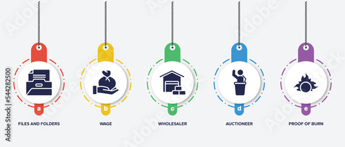 infographic element template with cryptocurrency filled icons such as files and folders, wage, wholesaler, auctioneer, proof of burn vector.