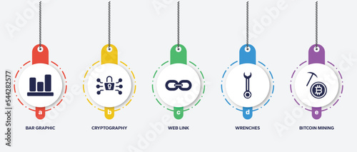 infographic element template with bitcoin filled icons such as bar graphic, cryptography, web link, wrenches, bitcoin mining vector.