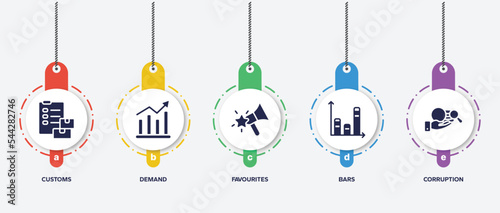 infographic element template with law & justice filled icons such as customs, demand, favourites, bars, corruption vector.