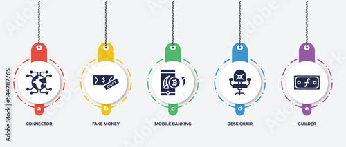 infographic element template with currency filled icons such as connector, fake money, mobile banking, desk chair, guilder vector.