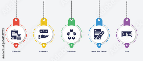 infographic element template with currency filled icons such as formula, earnings, random, bank statement, taka vector.