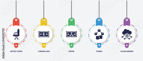infographic element template with bitcoin filled icons such as office chair, turkish lira, rippie, funds, cloud mining vector.