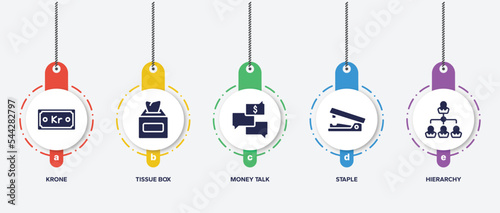 infographic element template with business filled icons such as krone, tissue box, money talk, staple, hierarchy vector.