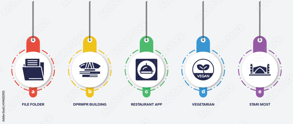 infographic element template with linear monuments filled icons such as file folder, dprmpr building, restaurant app, vegetarian, stari most vector. infographic element template with linear monuments filled icons such as file folder, dprmpr building, restaurant app, vegetarian, stari most vector.