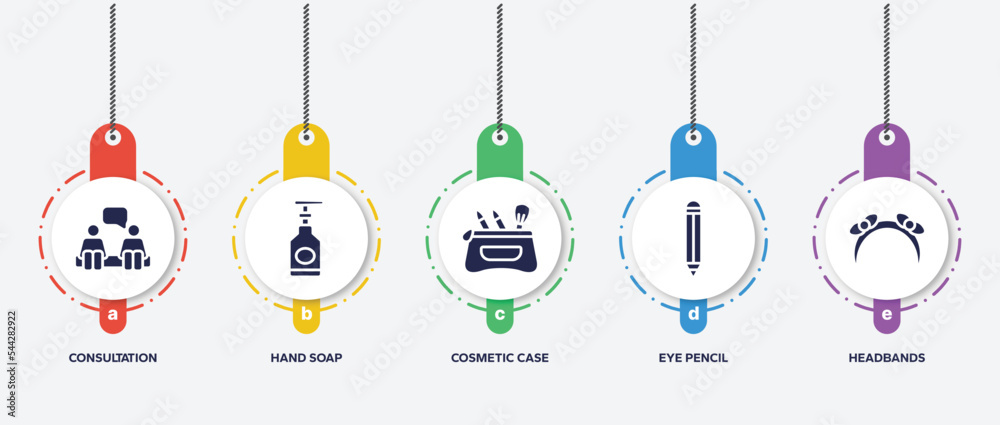 infographic element template with beauty filled icons such as consultation, hand soap, cosmetic case, eye pencil, headbands vector. infographic element template with beauty filled icons such as consultation, hand soap, cosmetic case, eye pencil, headbands vector.