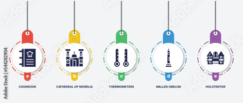infographic element template with linear monuments filled icons such as cookbook, cathedral of morelia, thermometers, walled obelisk, holstentor vector.