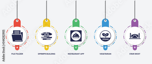 infographic element template with linear monuments filled icons such as file folder, dprmpr building, restaurant app, vegetarian, stari most vector.