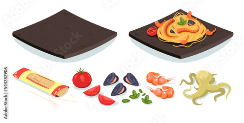 Fish dish ingredients. Cartoon grilled roasted raw prepared seafood slices, plate of traditional asian meal healthy gourmet. Vector isolated set