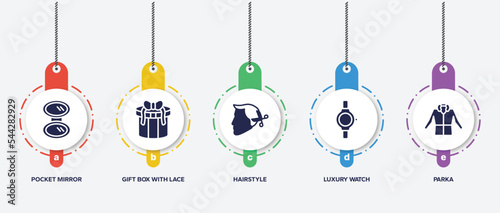 infographic element template with beauty and fashion filled icons such as pocket mirror, gift box with lace, hairstyle, luxury watch, parka vector.