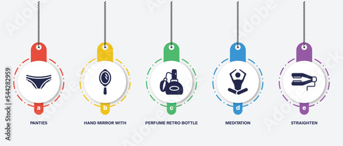 infographic element template with hairdressing and barber filled icons such as panties, hand mirror with shine, perfume retro bottle, meditation, straighten vector.