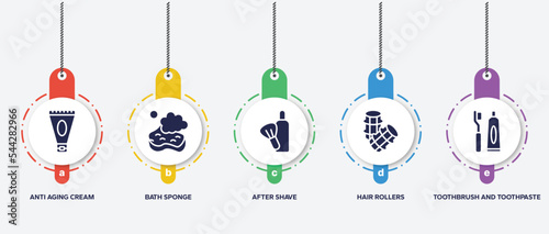 infographic element template with pretty filled icons such as anti aging cream, bath sponge, after shave, hair rollers, toothbrush and toothpaste vector.