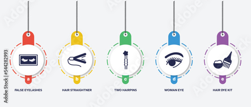 infographic element template with pretty filled icons such as false eyelashes, hair straightner, two hairpins, woman eye, hair dye kit vector.