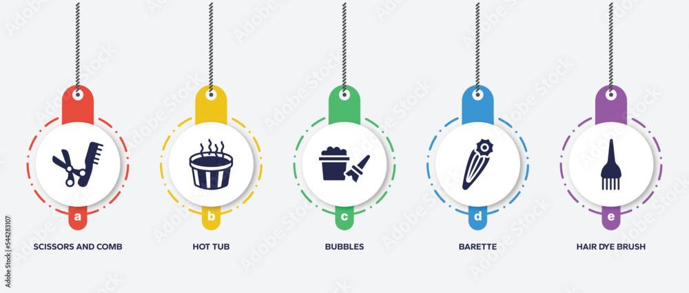 infographic element template with hairdressing and barber filled icons such as scissors and comb, hot tub, bubbles, barette, hair dye brush vector. infographic element template with hairdressing and barber filled icons such as scissors and comb, hot tub, bubbles, barette, hair dye brush vector.