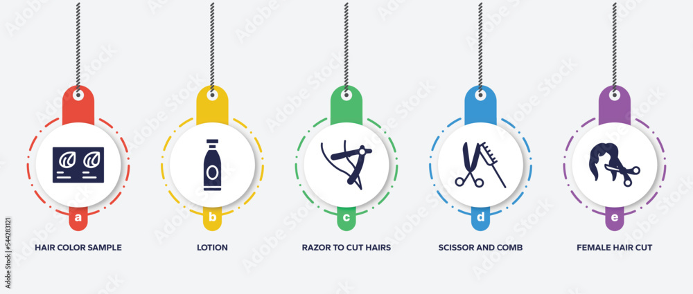 infographic element template with hair salon filled icons such as hair color sample, lotion, razor to cut hairs, scissor and comb, female hair cut with scissors vector. infographic element template with hair salon filled icons such as hair color sample, lotion, razor to cut hairs, scissor and comb, female hair cut with scissors vector.