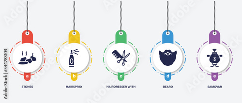infographic element template with sauna filled icons such as stones, hairspray, hairdresser with comb and scissors, beard, samovar vector.
