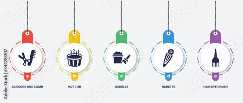 infographic element template with hairdressing and barber filled icons such as scissors and comb, hot tub, bubbles, barette, hair dye brush vector.