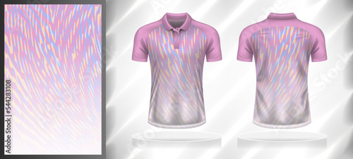 Vector sport pattern design template for Polo T-shirt front and back with short sleeve view mockup. Pink-blue-white-yellow color gradient abstract curve texture background illustration.