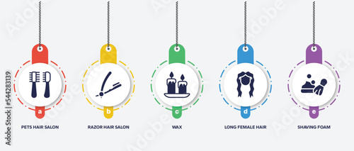 infographic element template with hairdressing and barber filled icons such as pets hair salon tools kit, razor hair salon tool, wax, long female hair tincture, shaving foam vector.