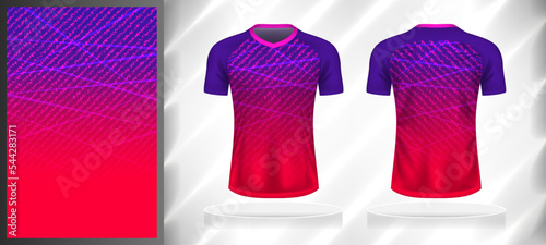Vector sport pattern design template for V-neck T-shirt front and back with short sleeve view mockup. Shades of purple-pink color gradient abstract texture background.