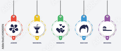 infographic element template with pretty filled icons such as jasmine, washbowl, romantic, man hair, brushing vector.