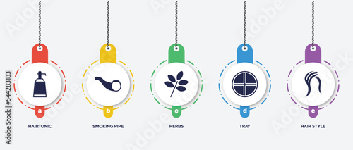 infographic element template with beauty filled icons such as hairtonic, smoking pipe, herbs, tray, hair style vector.