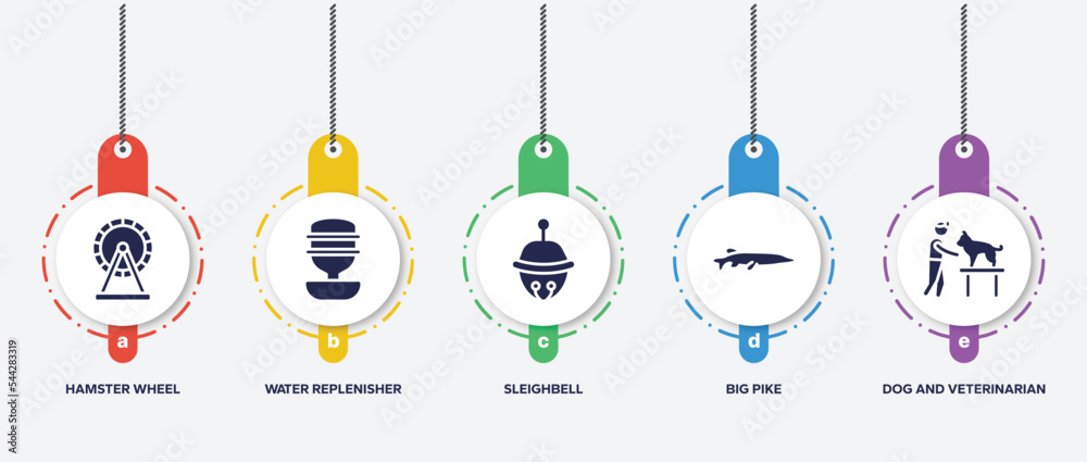 infographic element template with dog and training filled icons such as hamster wheel, water replenisher, sleighbell, big pike, dog and veterinarian vector. infographic element template with dog and training filled icons such as hamster wheel, water replenisher, sleighbell, big pike, dog and veterinarian vector.