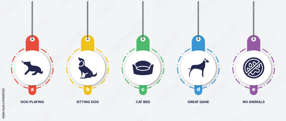 infographic element template with pet shop filled icons such as dog playing, sitting dog, cat bed, great dane, no animals vector. infographic element template with pet shop filled icons such as dog playing, sitting dog, cat bed, great dane, no animals vector.