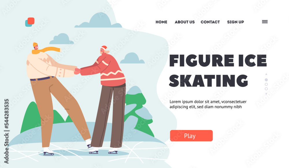Naklejka premium Figure Ice Skating Landing Page Template. Christmas Vacation Spare Time. Happy Loving Couple in Warm Clothes on Holidays