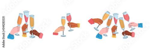 Hands of friends holding glasses with drinks full of champagne. Cheers or drinking toast to friendship. People of different nationalities drink sparkling wine. Collection vector flat illustration.