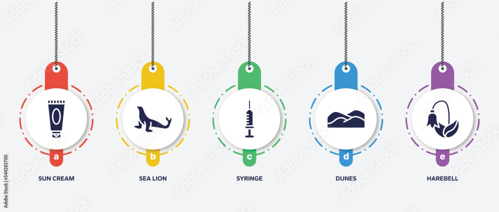 infographic element template with nature filled icons such as sun cream, sea lion, syringe, dunes, harebell vector. infographic element template with nature filled icons such as sun cream, sea lion, syringe, dunes, harebell vector.