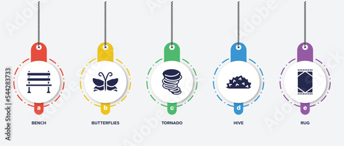 infographic element template with desert filled icons such as bench, butterflies, tornado, hive, rug vector.