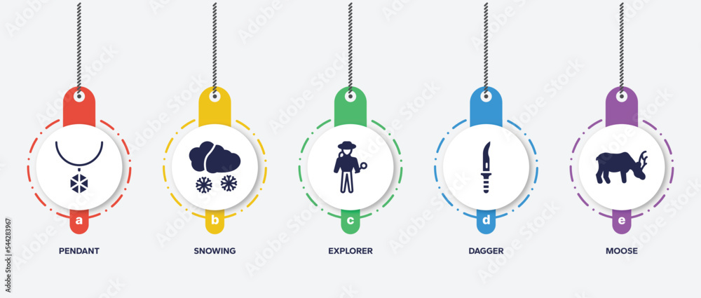 infographic element template with wildlife filled icons such as pendant, snowing, explorer, dagger, moose vector. infographic element template with wildlife filled icons such as pendant, snowing, explorer, dagger, moose vector.