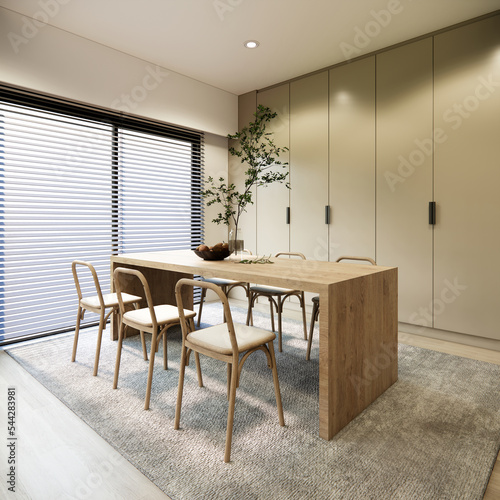 Mockup modern and minimal style dining room interior design and decoration with wood table and chiars grey carpet wooden parquet floor sunlight from blinds window. 3d rendering. photo