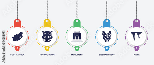 infographic element template with winter nature filled icons such as south africa, hippopotamus, monument, siberian husky, icicle vector.