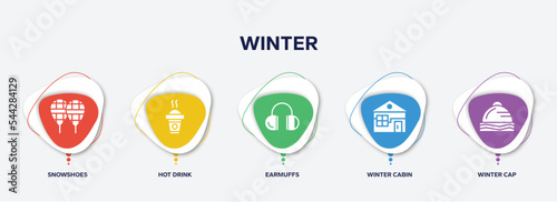 infographic element template with winter filled icons such as snowshoes, hot drink, earmuffs, winter cabin, winter cap vector.