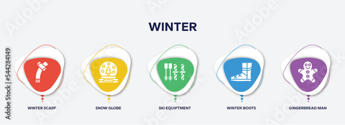 infographic element template with winter filled icons such as winter scarf, snow globe, ski equiptment, winter boots, gingerbread man vector.