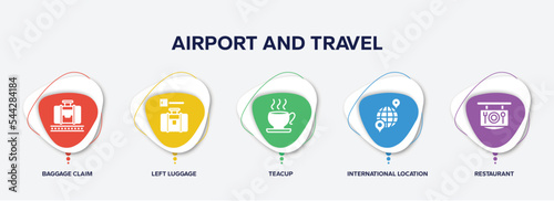 infographic element template with airport and travel filled icons such as baggage claim, left luggage, teacup, international location, restaurant vector.