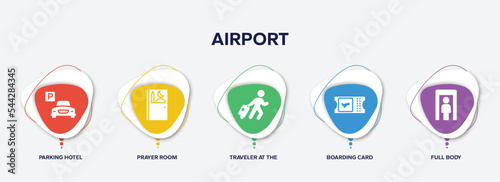 infographic element template with airport filled icons such as parking hotel, prayer room, traveler at the airport, boarding card, full body vector.