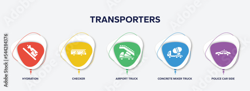 infographic element template with transporters filled icons such as hydration, checker, airport truck, concrete mixer truck side view, police car side view vector.