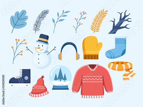 Winter season object and element illustration cartoon.
Hand draw winter time.
Winter set with botanical elements and cozy objects
Suitable for sticker, greeting card, postcard, banner, etc