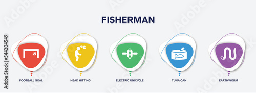 infographic element template with fisherman filled icons such as football goal, head hitting, electric unicycle, tuna can, earthworm vector.